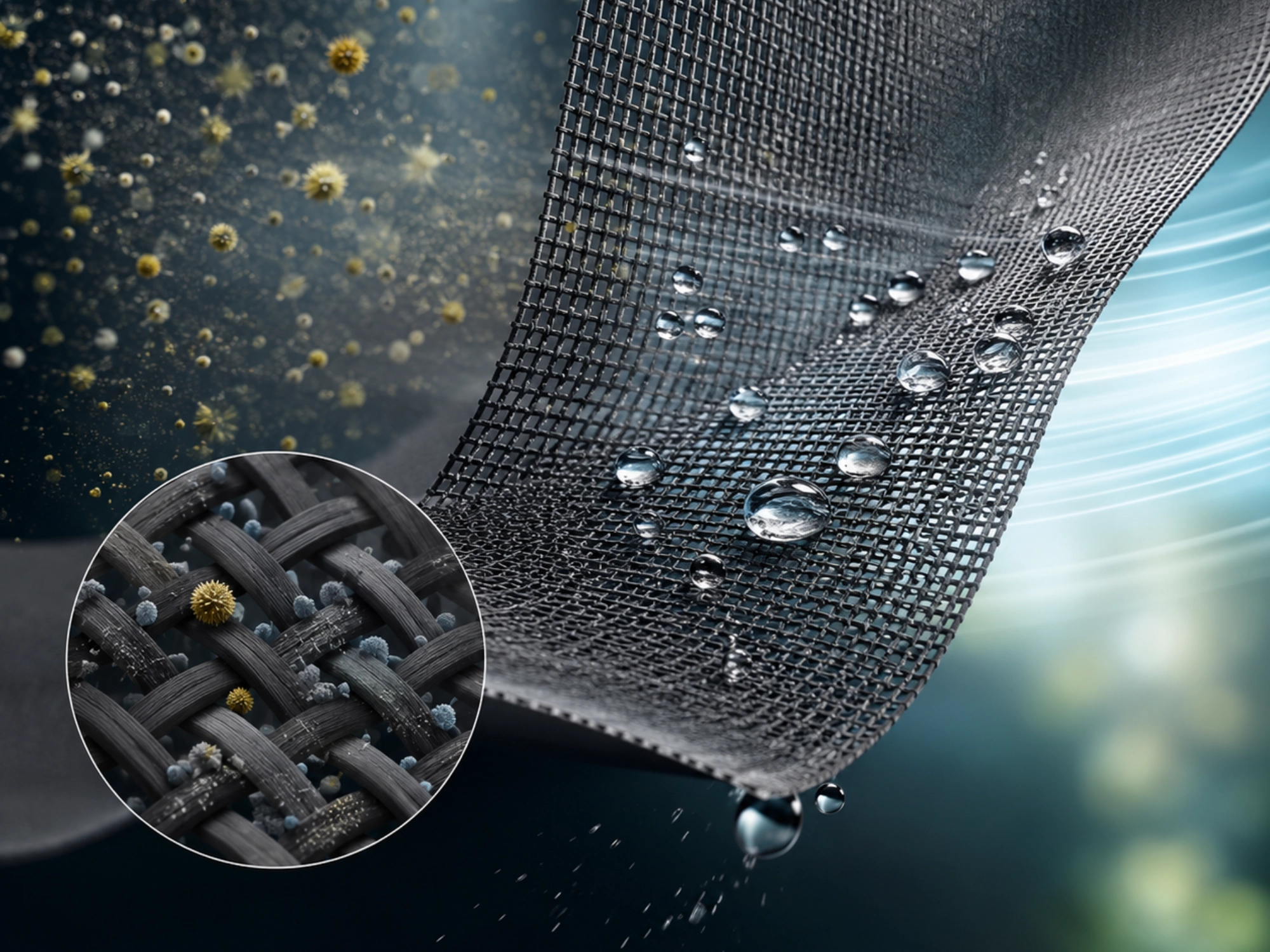 Makroaufnahme eines wasserabweisenden Nanotechnologie-Gewebes für Insektenschutz