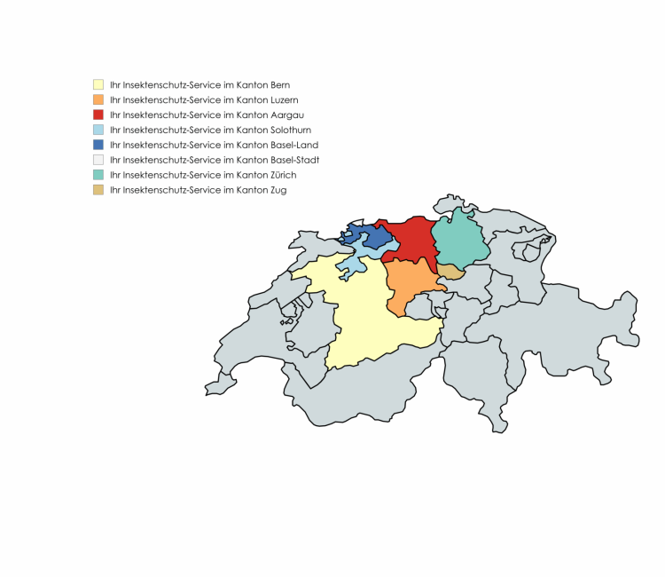 Schweizer Karte mit markierten Kantonen Aargau, Solothurn, Basel, Luzern und Bern als Einzugsgebiete für Insektenschutz